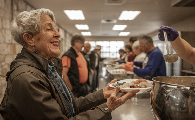 Peggy Ogden-Howe is assisted with her meal preparation during the Community Thanksgiving, held Thursday, November 28, 2024 at the San Gabriel Community Center in San Gabriel Park.  200 pounds of turkey breast, combined with numerous side dishes, drinks and desserts were provided at no charge to anyone who wanted a Thanksgiving meal.  The event was conducted by members of the Georgetown Beard Club, plus the City of Georgetown police and fire departments.     Photo by Andy Sharp. 