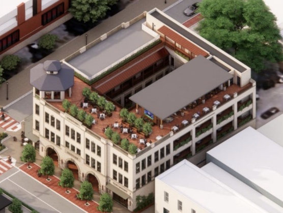An overhead view of the buildings rendering shows a covered bar/restaurant area and uncovered outdoor seating. (Courtesy Overland Partners)