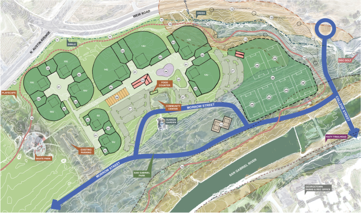 The diamond fields are more featured in this layout, with the soccer fields deeper in the park.