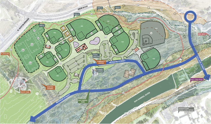 Georgetown is considering three different configurations for San Gabriel Park’s sports fields. This configuration would have the soccer fields closer to the skate park and existing parking. (Maps courtesy City of Georgetown