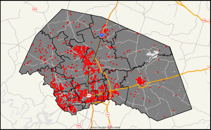 Map shows the location of survey participants, with the black lines designating the different zip codes. A total of 1,262 Wilco residents responded to the survey. Illustration courtesy of Williamson County.