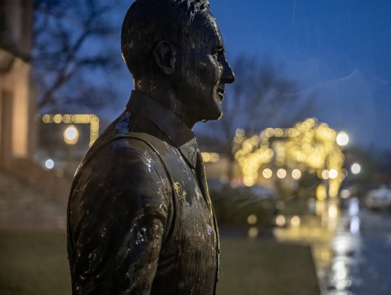 The statue of Dan Moody, a Taylor native who was Texas governor from 1927-1931, was covered in raindrops  on the Williamson County Courthouse lawn on a cold, wet and misty  Thursday, January 9, 2025.   Photo by Andy Sharp.  