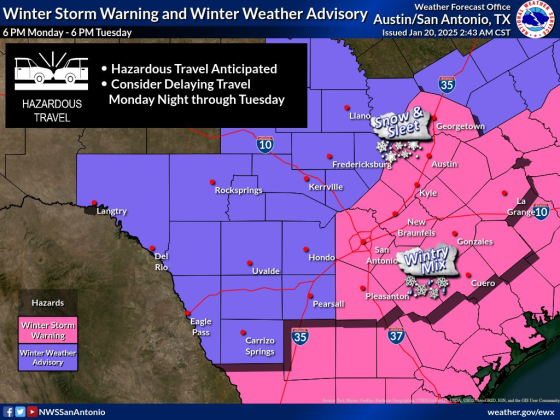 Map identifies the counties that have Winter Storm Warnings and Advisories. Williamson County is under a Winter Storm Warning. Illustration courtesy of the National Weather Service Austin/San Antonio.