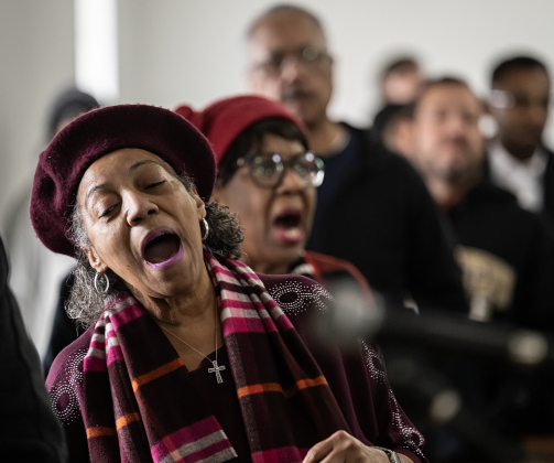 Joyce Gadison, front, and Paulette Taylor, in back, sing during the Dr. Martin Luther King Jr. Day celebration held at Macedonia Baptist Church.