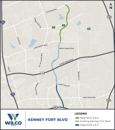 Map indicates the length of the completed Kenney Fort Boulevard. The next installment to the project is Segments 5 and 6. Illustration courtesy of Williamson County.