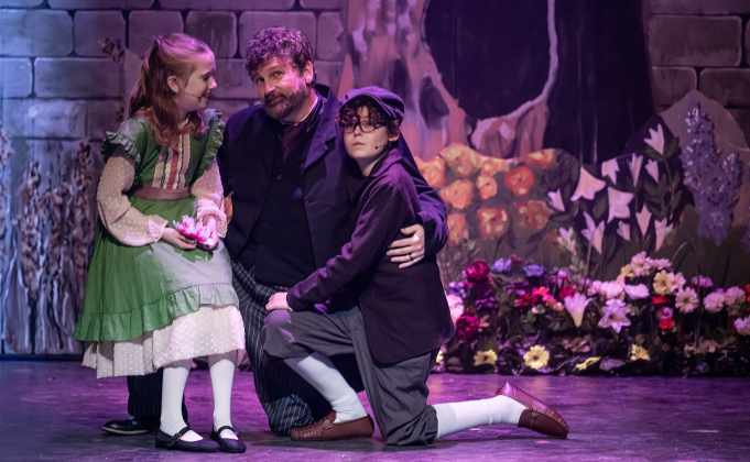 Molly Jackson, as Mary Lennox, Damon Brown, center, playing Archibald Craven, and William Reeves, as Colin Craven,  are pictured in a dress rehearsal photo from the Georgetown Palace production of “The Secret Garden” on  Thursday, January 30, 2025. The play runs on the Springer Stage through March 2.   Photo by Andy Sharp.