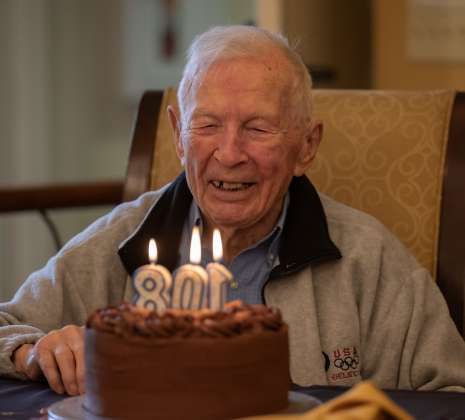 Al Blaschke prepares to blow  out candles on his German Chocolate birthday cake as he celebrates his 108th birthday with a party  at The Wesleyan Assisted Living on Saturday, January 4, 2025.  Born on this date in 1917, Blaschke has done three skydives in recent years, the first in 2017, followed by another with his twin grandsons in 2020 and another with Governor Greg Abbott in 2023.   