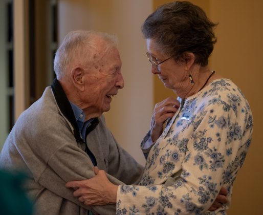 Al Blaschke visits with friend Louise Smith as he celebrates his 108th birthday with a party  at The Wesleyan Assisted Living on Saturday, January 4, 2025.