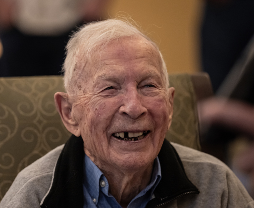 Al Blaschke, celebrating his 108th birthday with a party  at The Wesleyan Assisted Living on Saturday, January 4, 2025, wears a big smile after his nephew Duane Smith sang “Smile” to him.