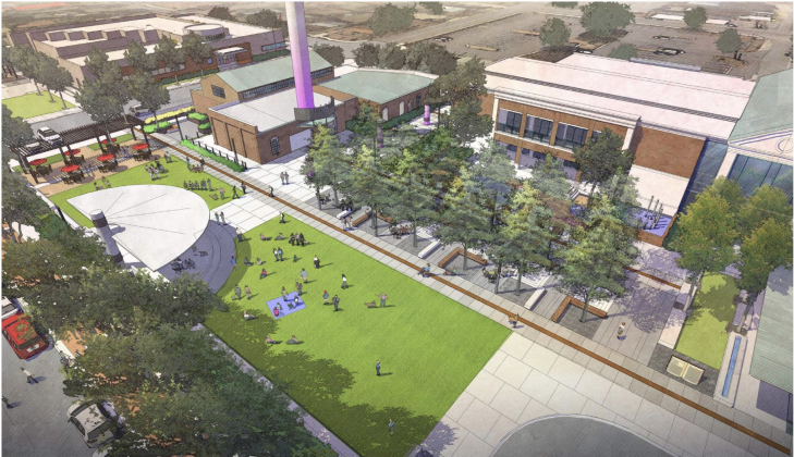 A rendering shows the new event space, with green space, a stage and seating next to the Georgetown Public Library. (Courtesy Covey Planning and Landscape Architecture)