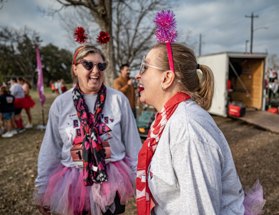 Deborah Parker, left, and her sister Jennifer Davis, were looking festive as they prepared to run in the 5K race  during the 30th Annual Cupid’s Chase, held in San Gabriel Park on Saturday, February 8, 2025. The event is sponsored by the Georgetown Parks Department.   Photo by Andy Sharp.