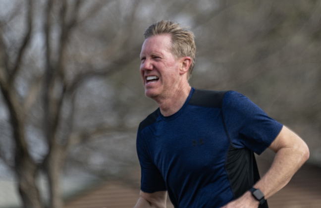 5-K race participant Bryan Black gives maximum effort near the finish line during the 30th Annual Cupid’s Chase, held in San Gabriel Park on Saturday, February 8, 2025. The event is sponsored by the Georgetown Parks Department.   Photo by Andy Sharp.