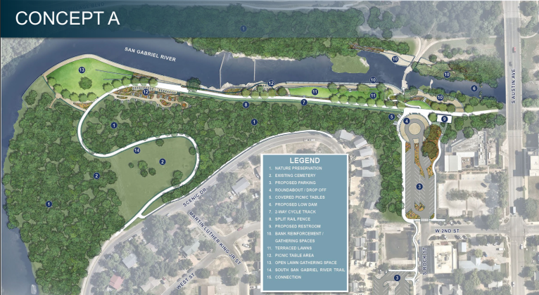 The first Blue Hole Park renovation concept moves the walking path around the cemetery and turns concrete areas into terraced lawns for residents to lay out or have picnics. (Courtesy Halff Associates)
