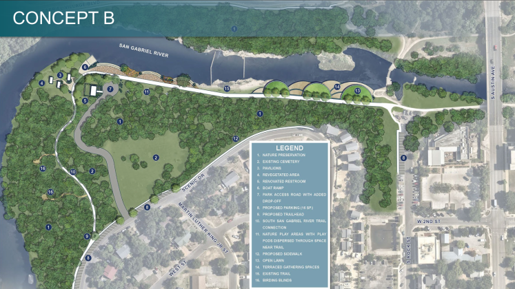 The second Blue Hole Park renovation concept has a boat ramp for non-motorized watercraft and large pavilions for gatherings. (Courtesy Halff Associates)