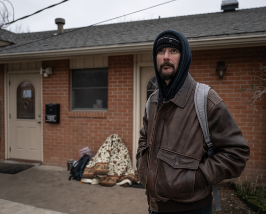 Melvin Orsack waits for the warming shelter  to open at San Gabriel Unitarian Universalist Fellowship on Wednesday evening, February 19, 2025.   The shelter will be open until 9 a.m. on Saturday. Photo by Andy Sharp  