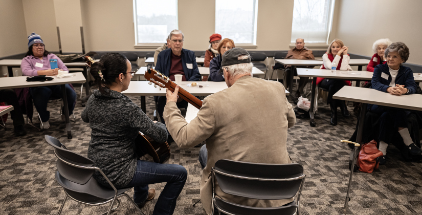 Kevin Taylor and Gabriela Bravo perform during a Williamson County Guitar Society meet and greet held at the Georgetown Public Library on Saturday, February 22, 2025.
