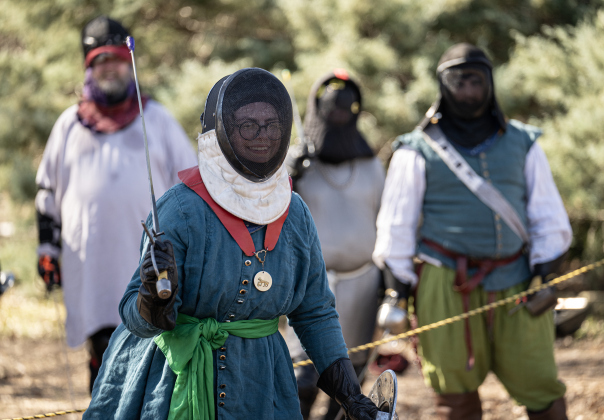 Faye Sterling participates in an activity called cut and thrust  at the Society for Creative Anachronism Bryn Gwald Candlemas, held Saturday, February 1, 2025.