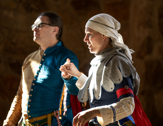 Jordan Garcia, whose society name is Twill, takes part in a traditional  Middle Ages dance with Christen Warkoczewski, whose society name is Nadja Ramthuner, at the Society for Creative Anachronism Bryn Gwald Candlemas, held Saturday, February 1, 2025.