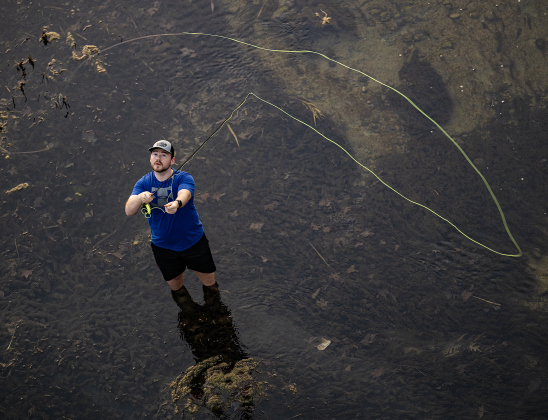 Connor Barrows enjoyed his first fly fishing experience well past sundown on the San Gabriel River at San Gabriel Park on Wednesday, February 5, 2025.  When it was too dark to see he called it a day, but looks forward to learning more about this activity.   Photo by Andy Sharp. 
