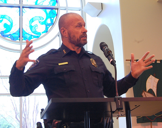 Georgetown Police Chief Cory Tchdia was welcomed as a guest speaker at the Georgetown Newcomers and Friends group at Wellspring United Methodist Church to talk about homelessness and mental health. (Photo by Kaitlyn Wilkes)