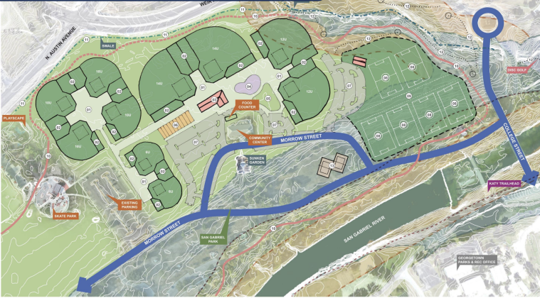 Option 1: In this plan, the soccer fields would be terraced to accommodate the flood zone they’re in because of their location near the San Gabriel River.