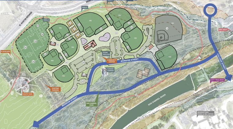 Option 3: The city’s 18U baseball field, shown in gray, is often used by out of town teams who rent out the field. This plan envisions what it would look like to keep that revenue source for the city.