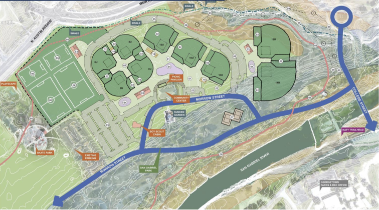 Revised Concept Plan: Taking into consideration resident feedback from open houses, this plan utilizes smaller baseball fields for youth games. It uses a similar idea to Option 2 in partially surrounding the fields with parking.
