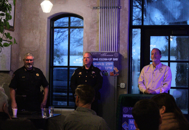  Williamson County Constable Kevin Wilkie, left, Florence Police Chief Wayne Thompson, center, and Mayor Ben Daniel, right, host a Meet the Mayor and Chat with the Chief meeting at Dwell Coffee House, March 6.  Photo by Nalani Nuylan.