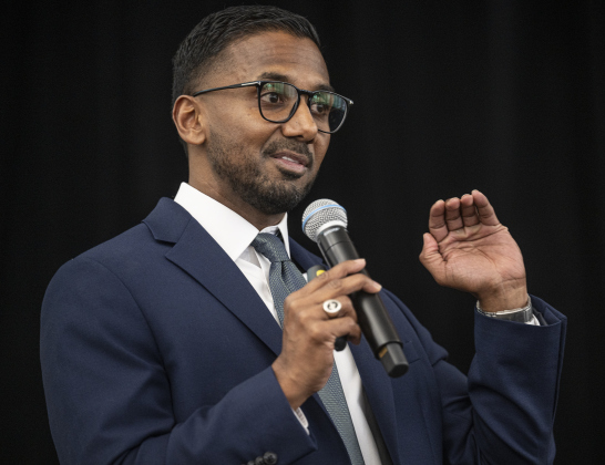 Georgetown Independent School District Superintendent  Dr. Devin Padavil speaks to audience members during the district’s State of the District event, held at district headquarters on Thursday, March 13, 2025.   Photo by Andy Sharp.