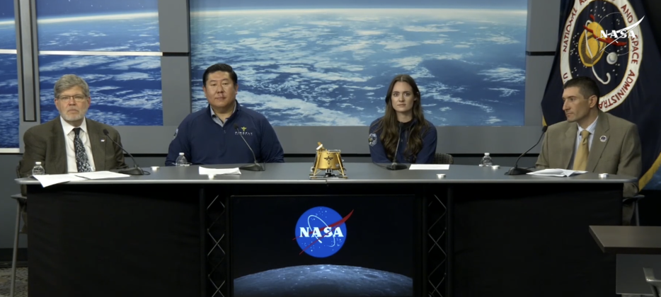 Firefly Aerospace’s Chief Executive Officer Jason Kim (center left) and Spacecraft Program Director Ray Allensworth (center, right) are joined by NASA representatives during a press conference March 18.  Screenshot courtesy NASA