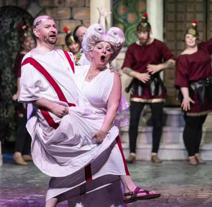 Stephen Quinn, left, as Senex, and Cathie Sheridan, playing Domina, are pictured in a Thursday, March 20, 2025 dress rehearsal of “A Funny Thing Happened On the Way to the Forum,” playing on the Palace main stage through April 19th.    Photo by Andy Sharp.  