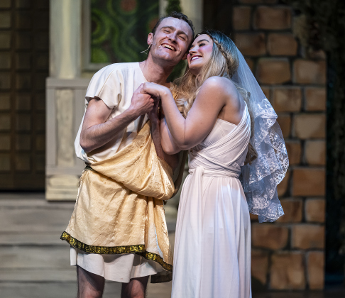 Dawson MacLeod, left, as Hero, and Teddi Iley, playing Philia, are pictured in a Thursday, March 20, 2025 dress rehearsal of “A Funny Thing Happened On the Way to the Forum,” playing on the Palace main stage through April 19th.    Photo by Andy Sharp.