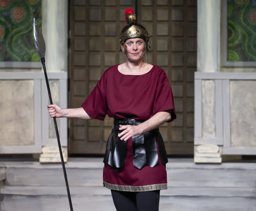 Meredith Brand, playing a Protean, is  pictured in a Thursday, March 20, 2025 dress rehearsal of “A Funny Thing Happened On the Way to the Forum,” playing on the Palace main stage through April 19th.    Photo by Andy Sharp.