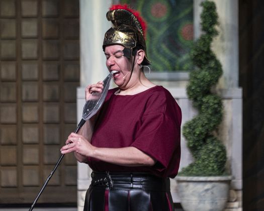 Nick Riley, playing a Protean, is pictured in a Thursday, March 20, 2025 dress rehearsal of “A Funny Thing Happened On the Way to the Forum,” playing on the Palace main stage through April 19th.    Photo by Andy Sharp.