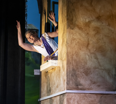 Meredith Brand, playing a Protean, is  pictured in a Thursday, March 20, 2025 dress rehearsal of “A Funny Thing Happened On the Way to the Forum,” playing on the Palace main stage through April 19th.    Photo by Andy Sharp.