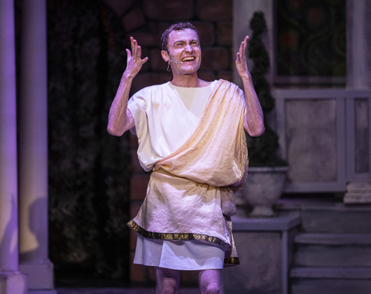 Dawson MacLeod, playing Hero, is pictured in a Thursday, March 20, 2025 dress rehearsal of “A Funny Thing Happened On the Way to the Forum,” playing on the Palace main stage through April 19th.    Photo by Andy Sharp.