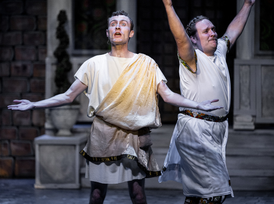 Dawson MacLeod, left, as Hero, and Nathan Clemenson, as Prologus,  are pictured in a Thursday, March 20, 2025 dress rehearsal of “A Funny Thing Happened On the Way to the Forum,” playing on the Palace main stage through April 19th.    Photo by Andy Sharp.