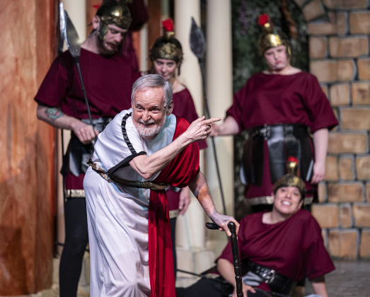 Jerry Brown, as Erronius, is pictured in a Thursday, March 20, 2025 dress rehearsal of “A Funny Thing Happened On the Way to the Forum,” playing on the Palace main stage through April 19th.    Photo by Andy Sharp.