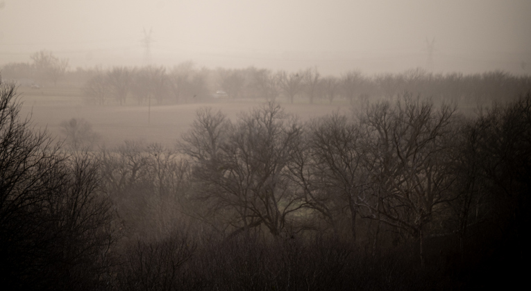 Strong winds led to a dusty landscape as seen along County Road 366 on Tuesday, March 4, 2025.