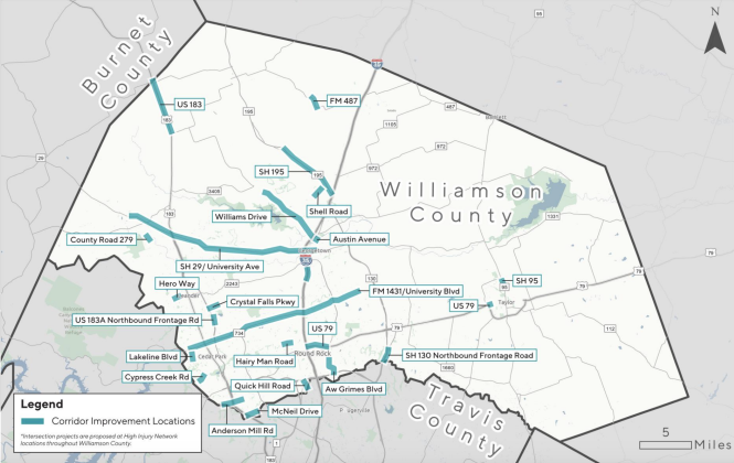This map shows where road safety improvements could be made throughout the county based on crash data. (Courtesy Capital Area Metro Planning Organization) 