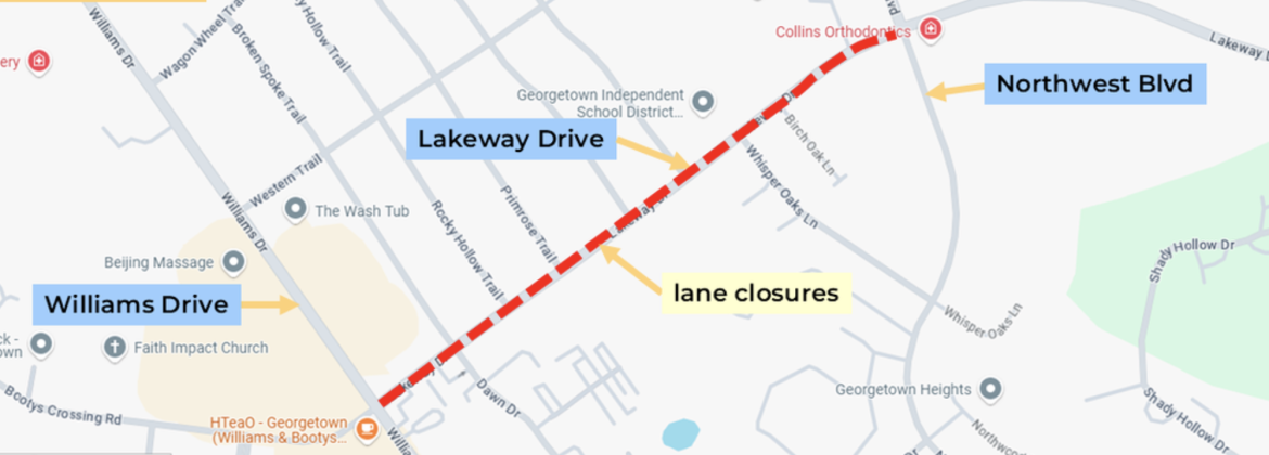 This map illustrates the closures that will be seen on Lakeway Drive throughout May. (Courtesy City of Georgetown)