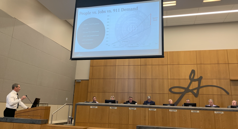 Fire Chief John Sullivan presents a public safety update to the city council during their February 28 meeting. (Photo by Kaitlyn Wilkes)