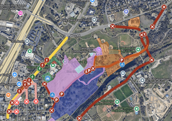 The City of Georgetown map shows Two Step Inn park and road closures as well as pedestrian crossings, bike parking and rideshare drop-off and pick-up. The festival takes place in San Gabriel Park. (Courtesy City of Georgetown)