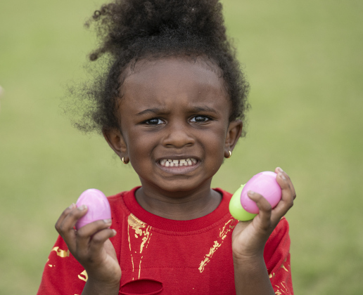 4-year-old Apollo Anglada shows off some the eggs he found during the annual Easter Egg Hunt conducted by Georgetown Church of the Nazarene  on Saturday,  April 19, 2025.