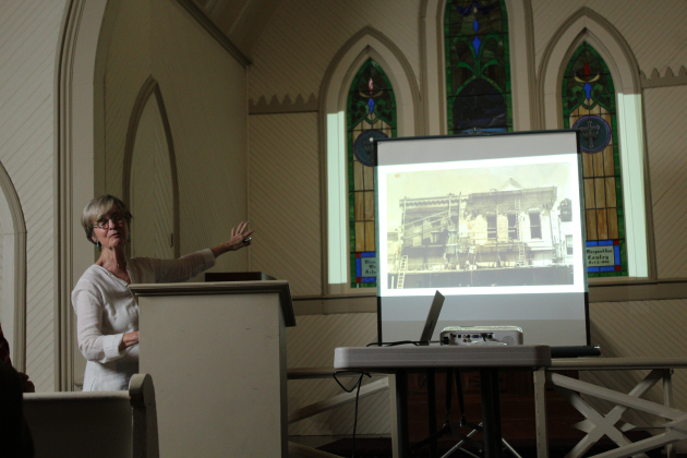 Linda Scarborough, co-owner and publisher of "The Williamson County Sun", passionately explained the history of the revitalization of the "Sun’s" office building at the Grace Heritage Center, April 22. Photo by Nalani Nuylan.