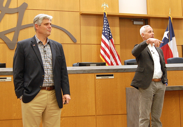 City Manager David Morgan, left, and Mayor Josh Schroeder gave the State of City address in city council chambers on March 27 to inform residents of the latest city projects and undertakings.