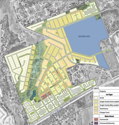 The proposed Heirloom development would have commercial and multi-family buildings near Ronald Reagan Boulevard, with single-family housing deeper into the subdivision. (Courtesy Columnar Investments)