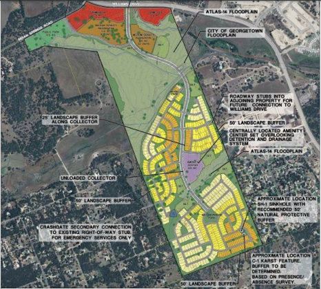 A map of Atkinson Ranch shows how the property is divided by a large floodplain. (Courtesy Del Webb)