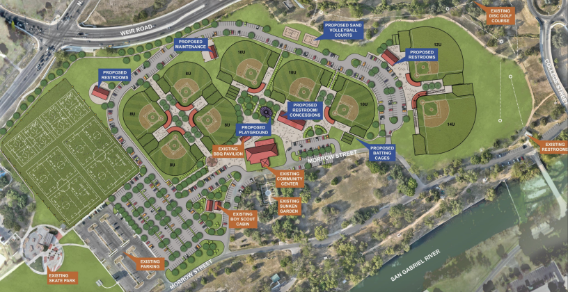 The plan for phase four of San Gabriel Park improvements shows the integration of the new fields with the structures currently in place. (Rendering courtesy of Parkhill)
