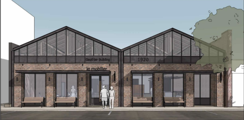 The proposed design by building owner Adam Starr would expose the building’s trusses and enclose them in glass. (Rendering courtesy of LRK)